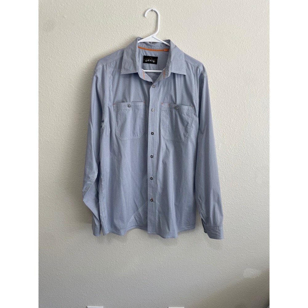Orvis Button Down Shirt Mens Medium Blue Gingham Excellent Long Sleeve Stretch